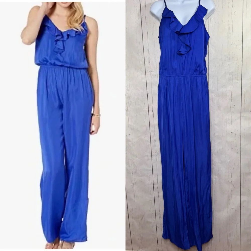 Lilly Pulitzer Blue Ruffle Wide Leg Jumpsuit Size M Resort Glam Preppy Coastal